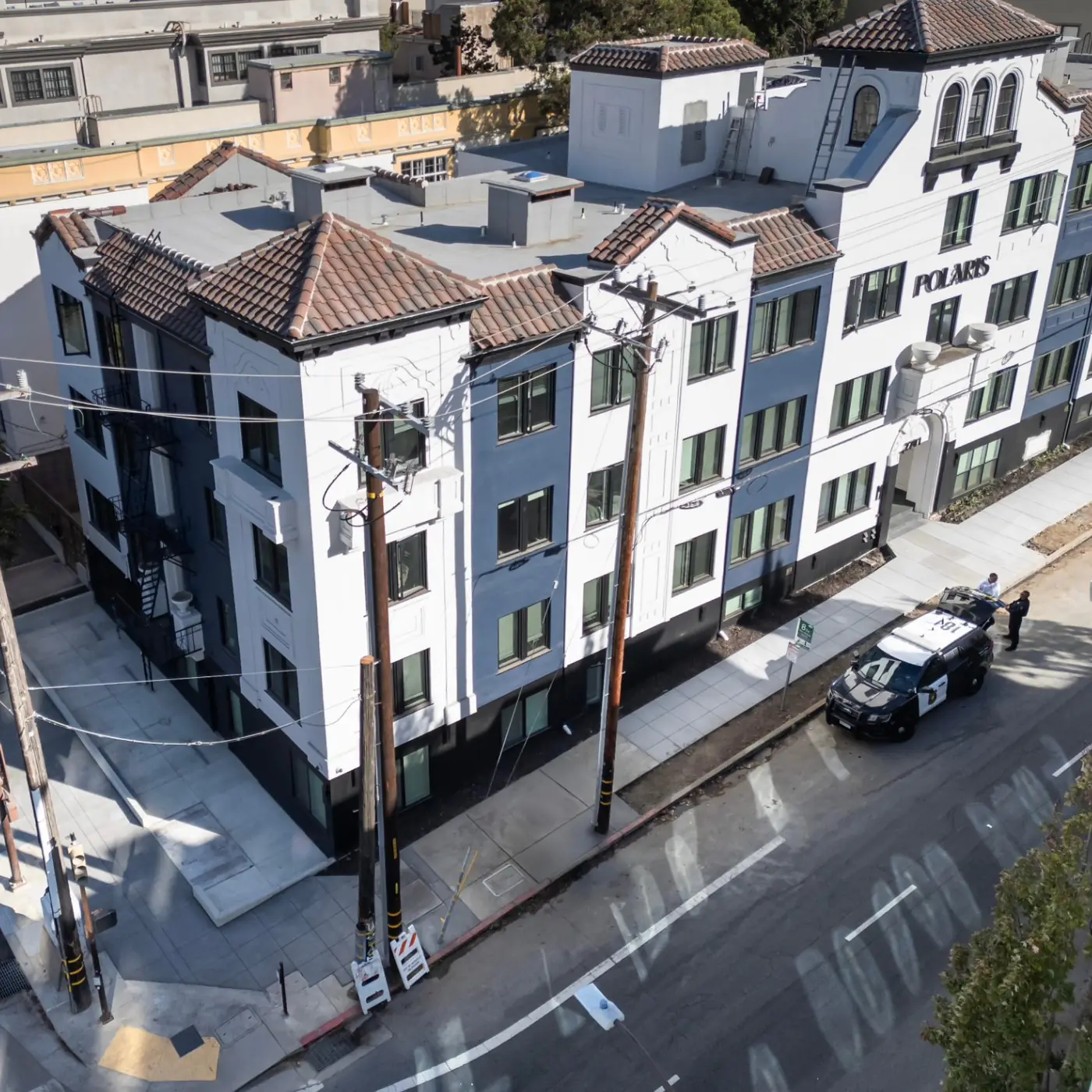 Aerial drone of building + new sidewalk perimeter — Durant Sidewalk — UC Berkeley, Berkeley, CA