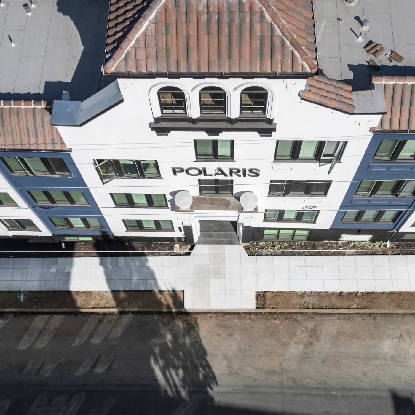 Drone top-down facade + sidewalk strip — Durant Sidewalk — UC Berkeley, Berkeley, CA