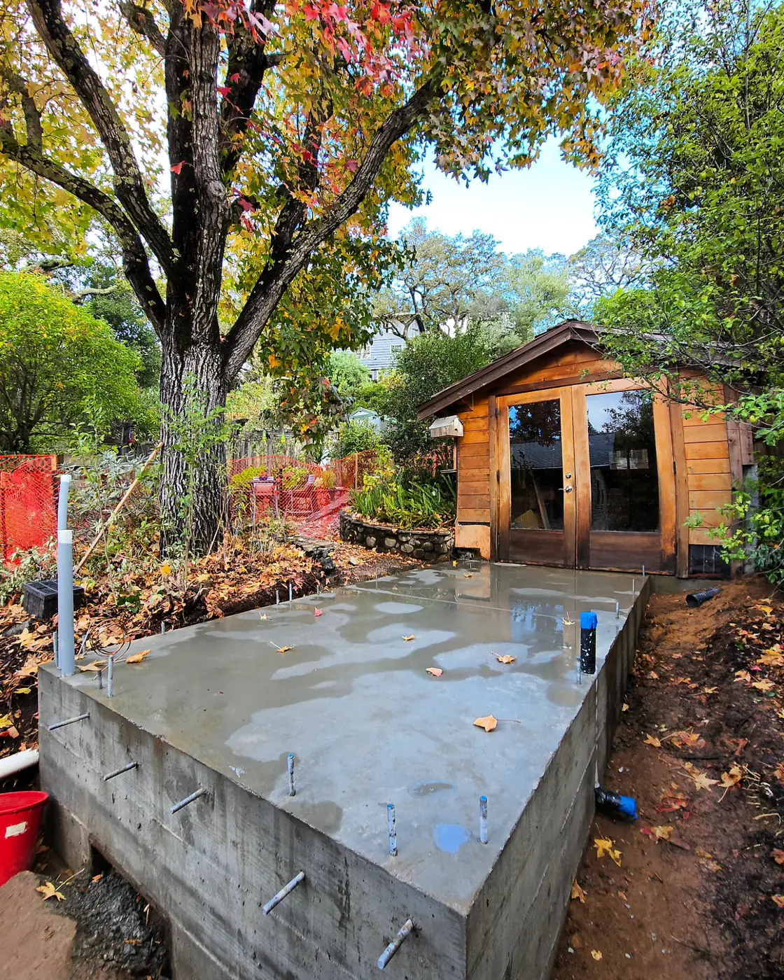 Finished slab w/ stem walls, anchor bolts, fall tree — Backyard ADU Foundation, San Rafael, CA