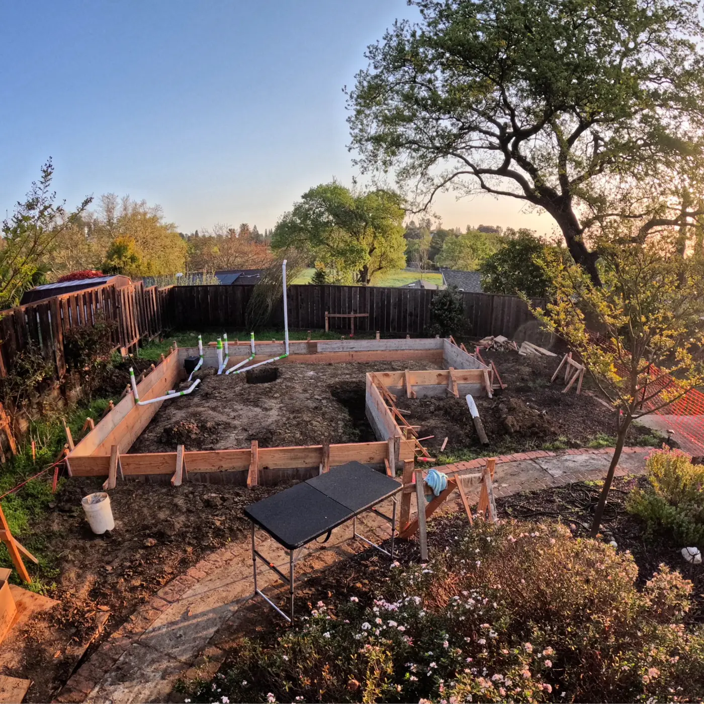 Aerial excavated, golden hour — Pleasant Hill ADU Foundation, Pleasant Hill, CA