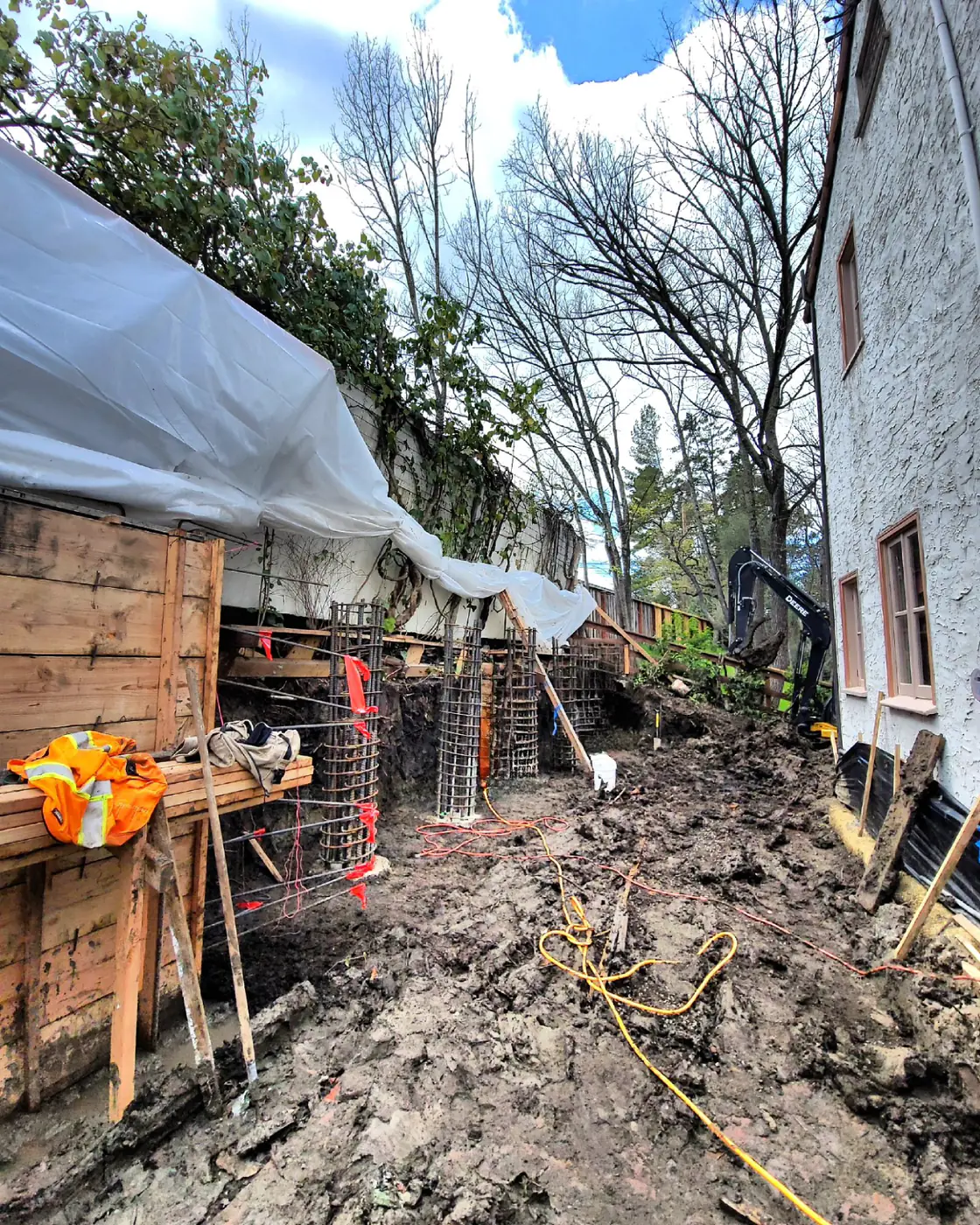Excavation trench, rebar pier stubs, shoring — Sound Wall Replacement — Diablo Country Club, Danville, CA