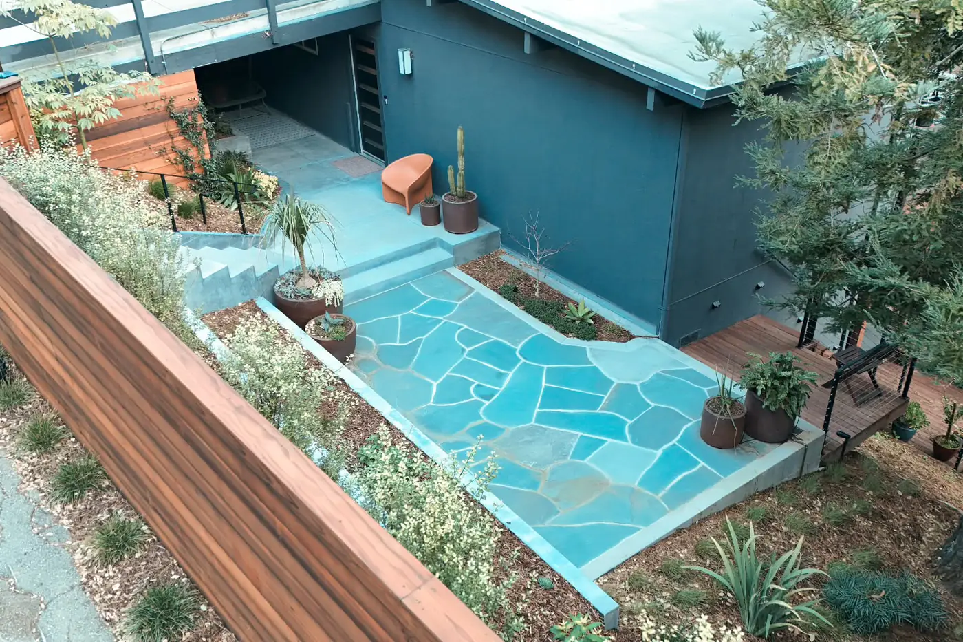 Terraced walls, stairs, and patio working together on an Oakland hillside