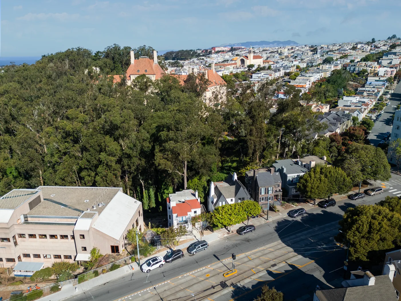 Aerial over the West Portal neighborhood — the project street below, city and ocean beyond — ADA Ramp & Sidewalk — West Portal, West Portal, San Francisco