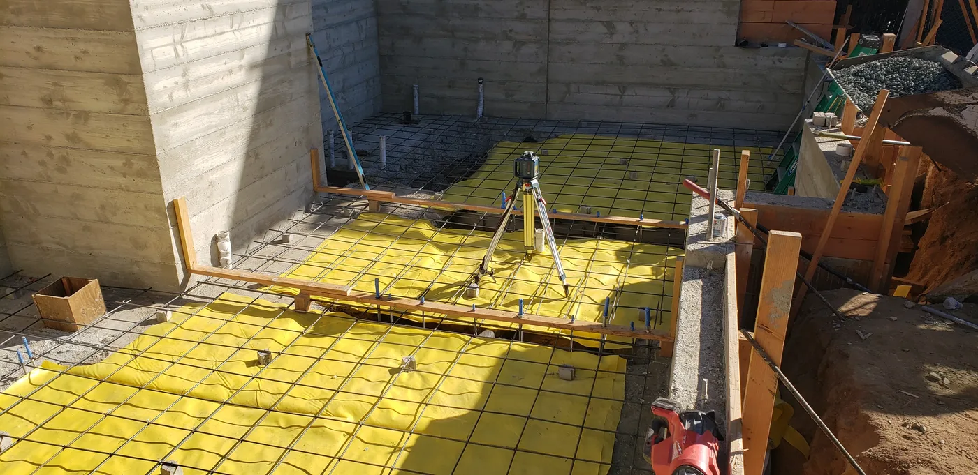 Basement slab reinforcement and insulation grid before the pour — Berkeley Student Housing Foundation, Berkeley, CA