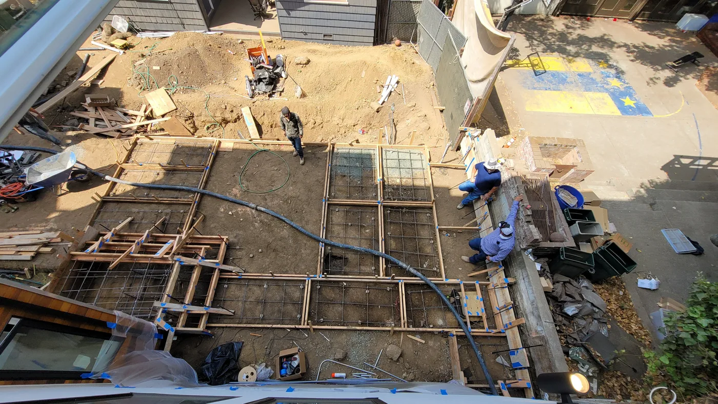 Aerial of the foundation and formwork with pump lines — Berkeley Student Housing Foundation, Berkeley, CA
