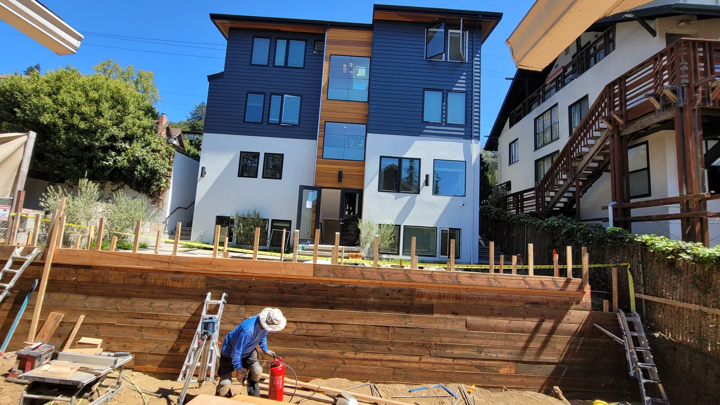 Reinforced retaining wall going up beside the building — Berkeley Student Housing Foundation, Berkeley, CA