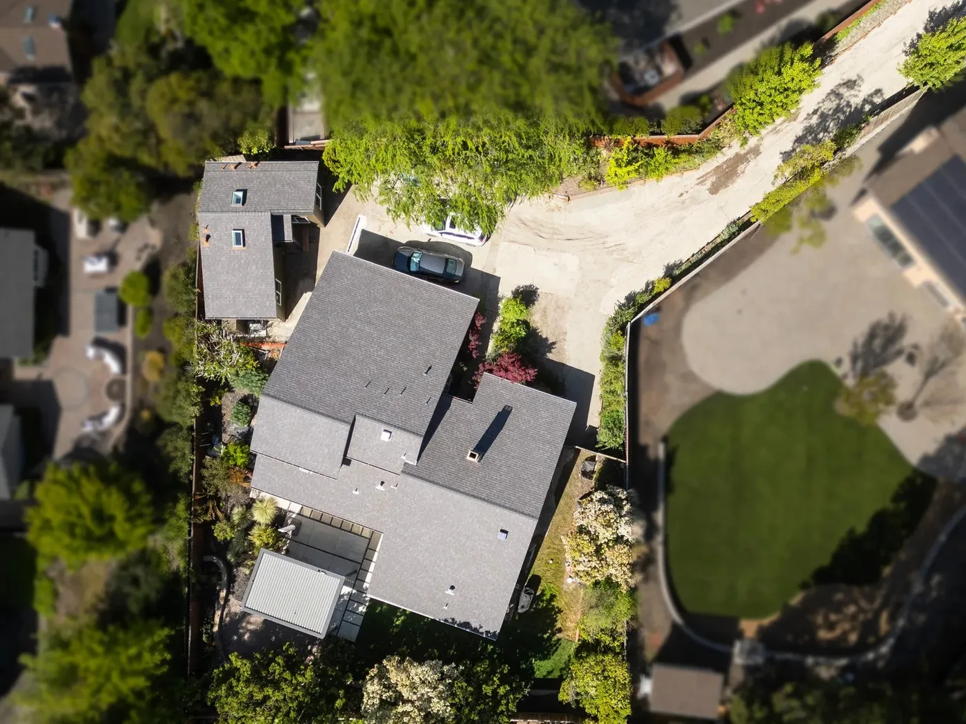 Aerial of the property with the completed ADU beside the main home — Danville ADU Foundation, Danville, CA
