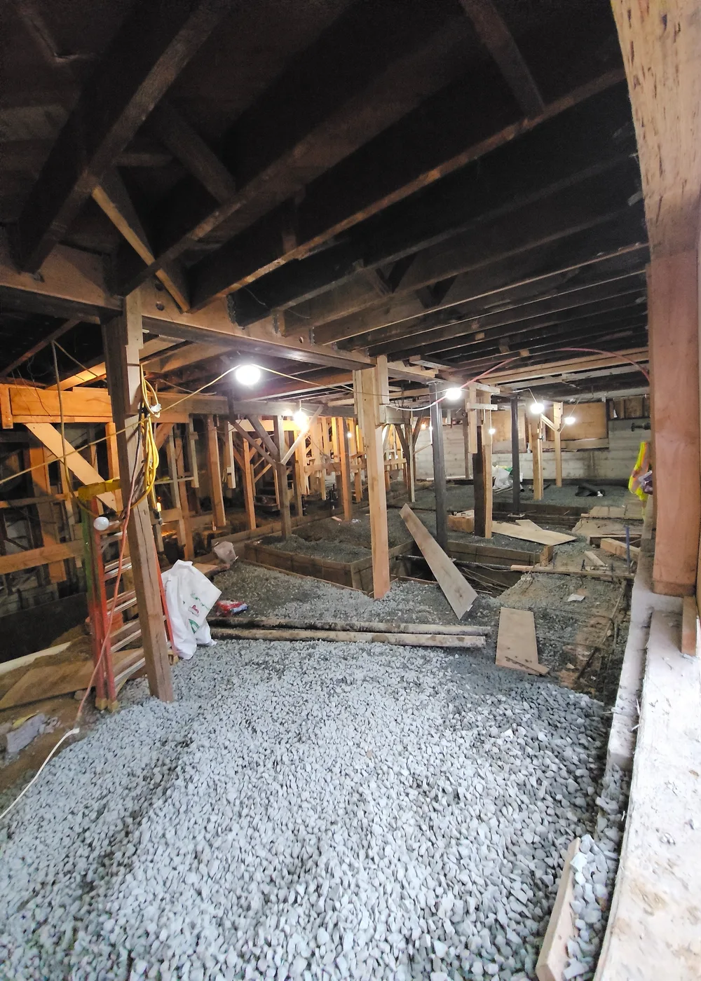 Gravel base spread across the excavated basement floor — Durant Basement Foundation, Berkeley, CA