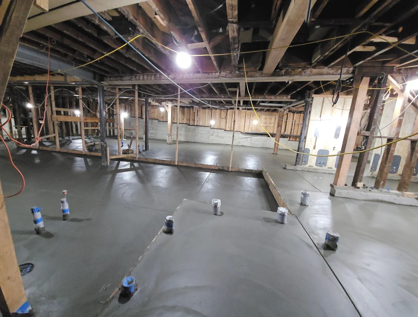 Wide view of the completed basement slab across the full footprint — Durant Basement Foundation, Berkeley, CA