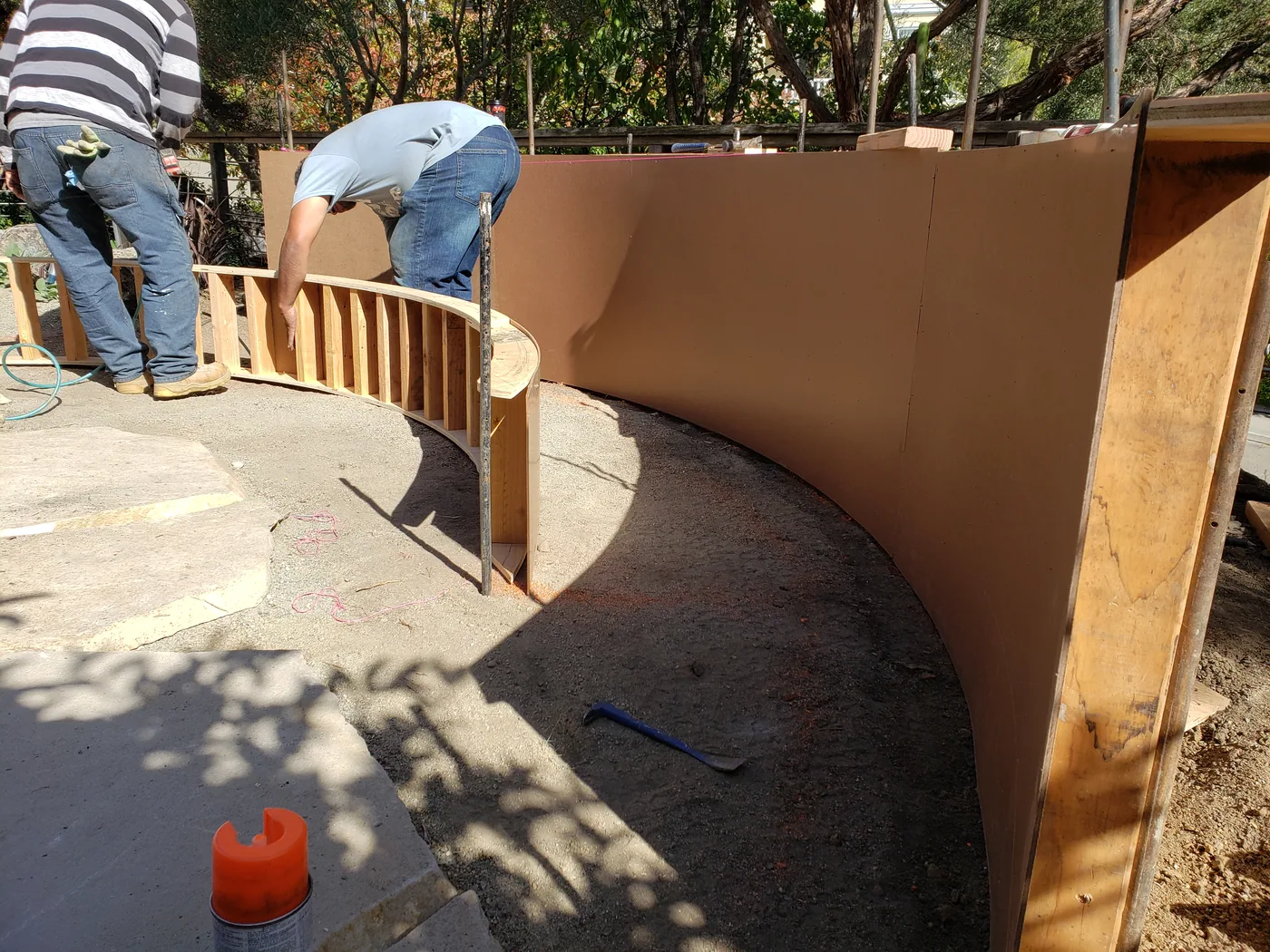 Building the custom curved formwork for the half-round bench — Piedmont Custom Concrete Bench, Piedmont, CA