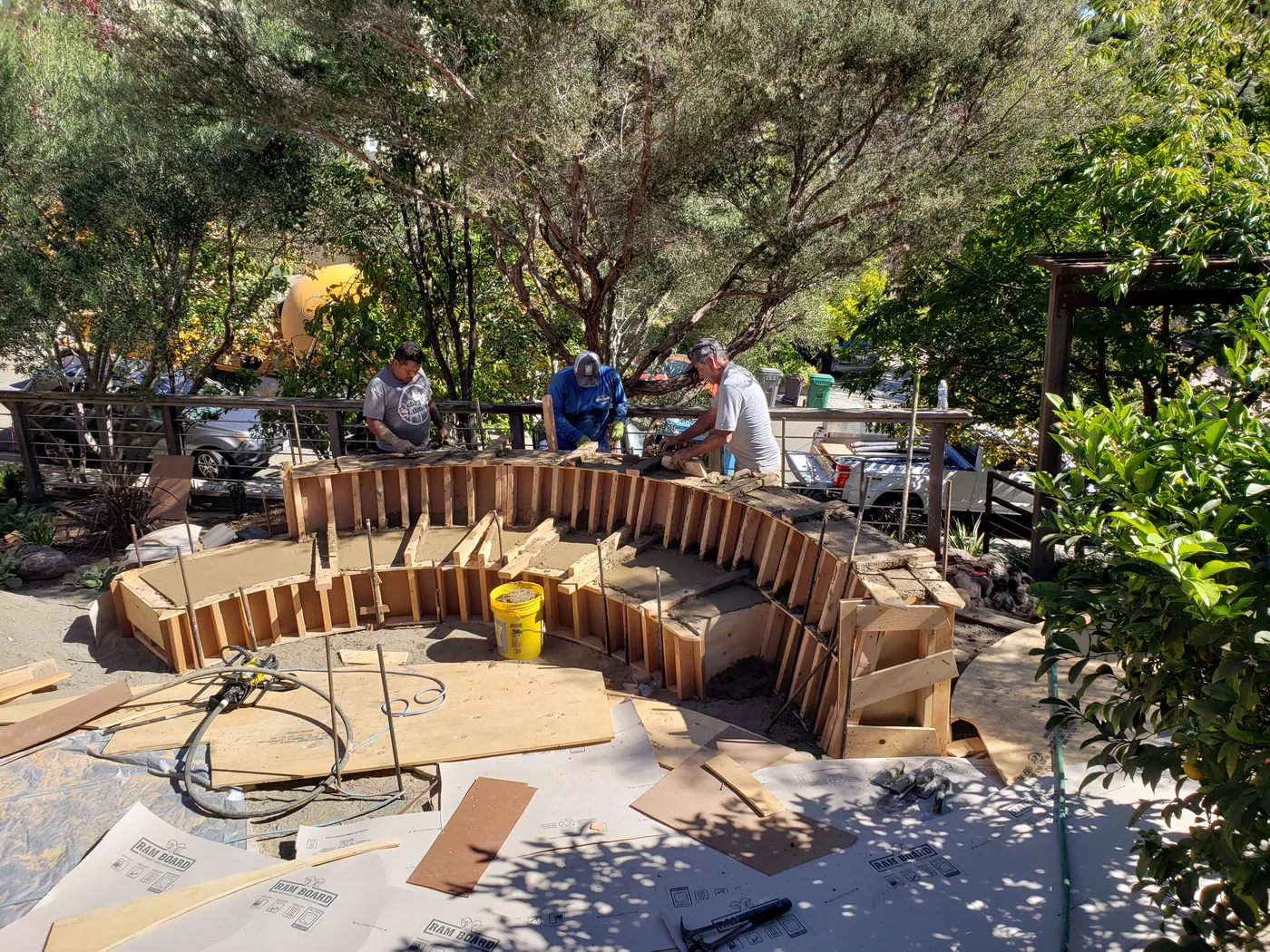 Heavily braced curved forms holding the shape through the pour — Piedmont Custom Concrete Bench, Piedmont, CA