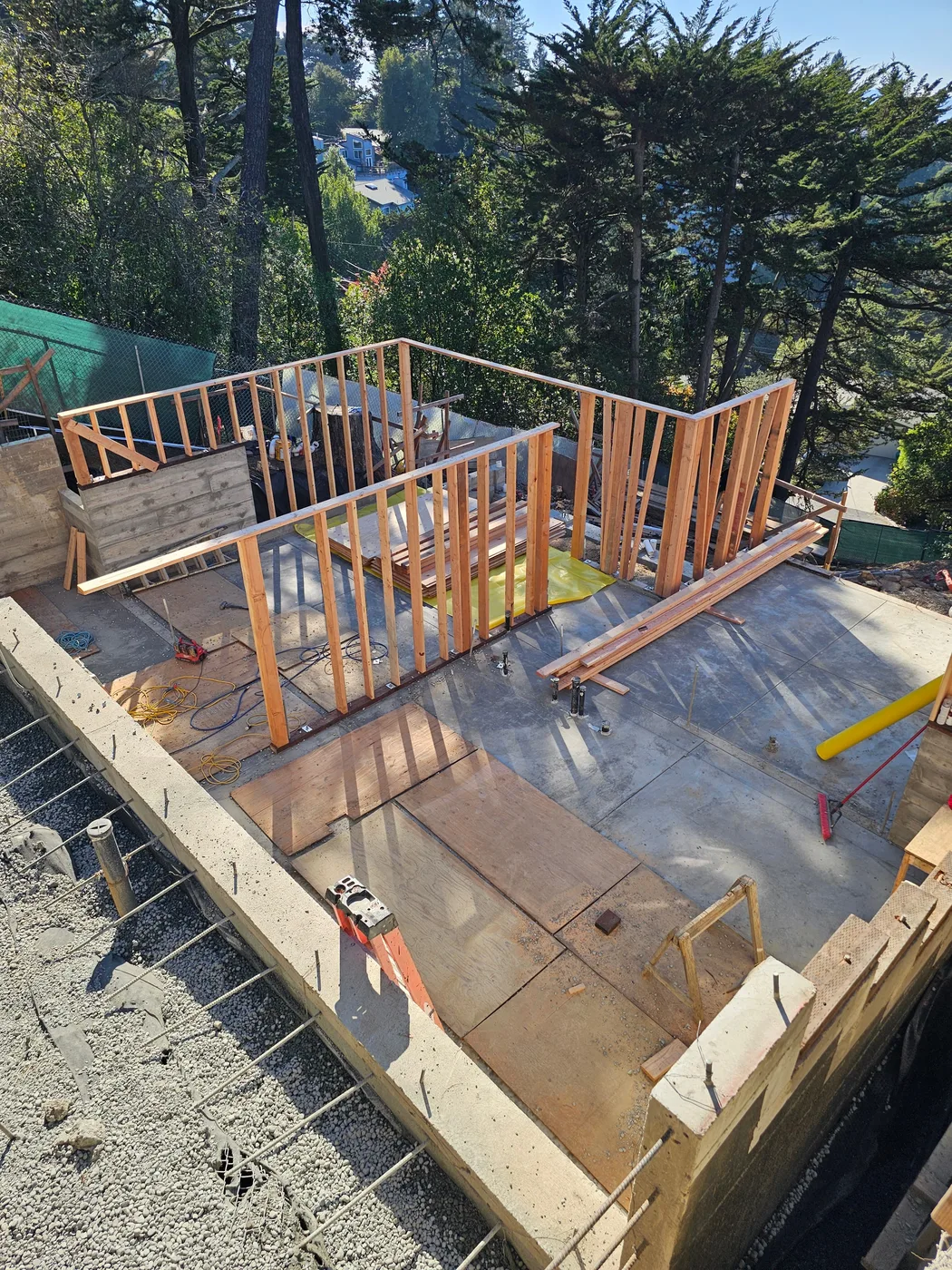 Concrete foundation deck with wood framing underway — Oakland Hills Custom Home, Oakland, CA