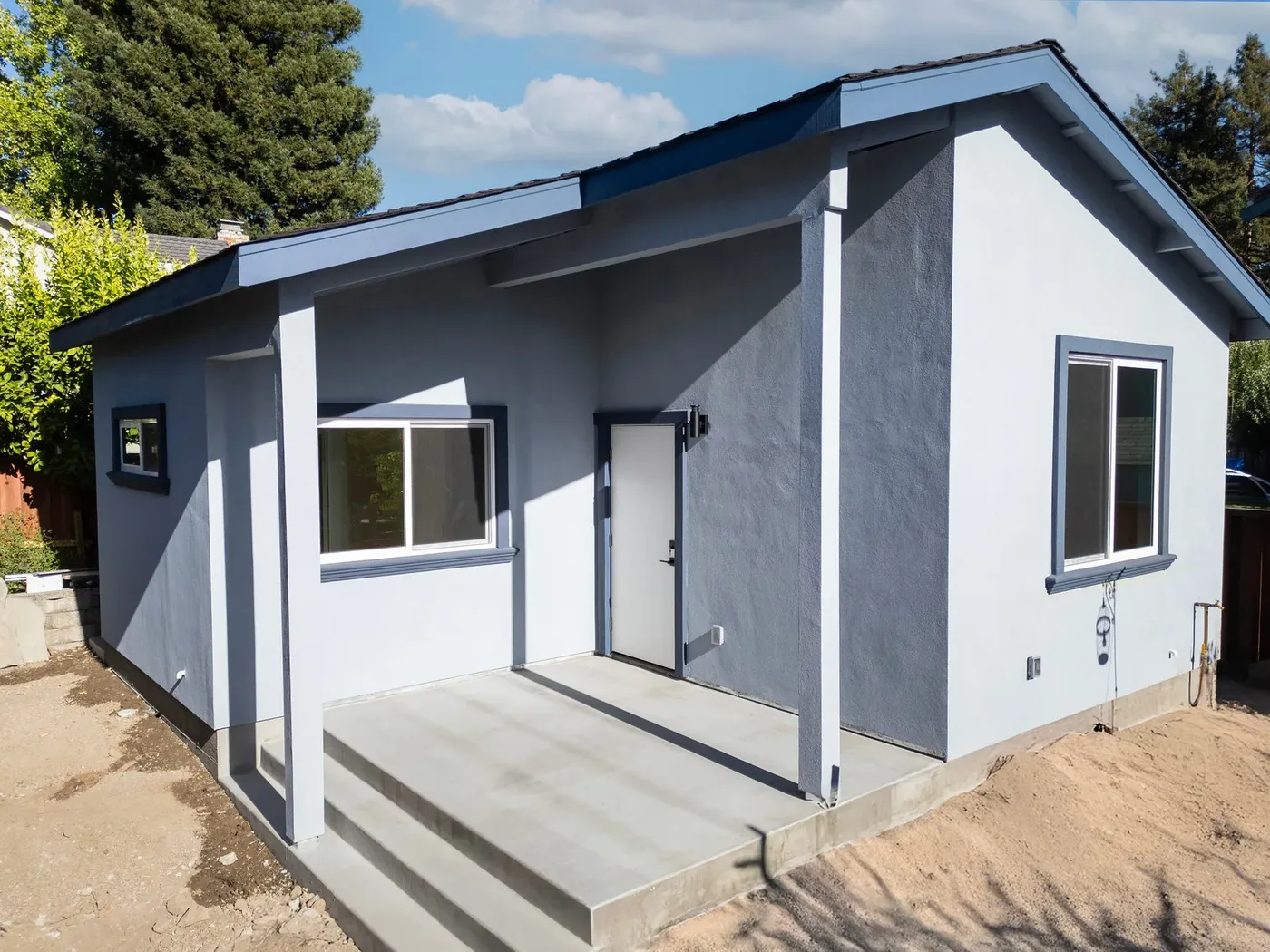 Finished 456 sq ft ADU with the concrete entry porch and steps — Pleasanton ADU Foundation, Pleasanton, CA