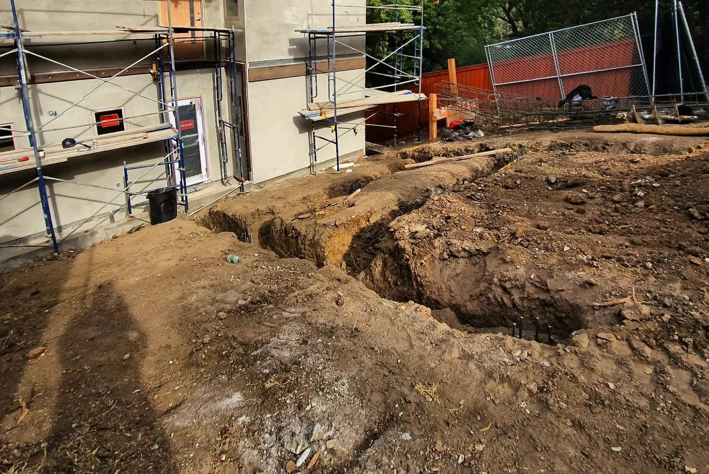 Foundation footing trenches cut along the base of the house — Richmond Bridge Driveway, Richmond, CA